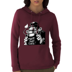 Sweat femme à capuche coton bio bordeaux Mort aux cons (Laul,Slogans Débiles)