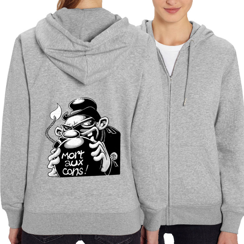 Sweat femme zippé à capuche coton bio gris chiné Mort aux cons (Laul,Slogans Débiles)
