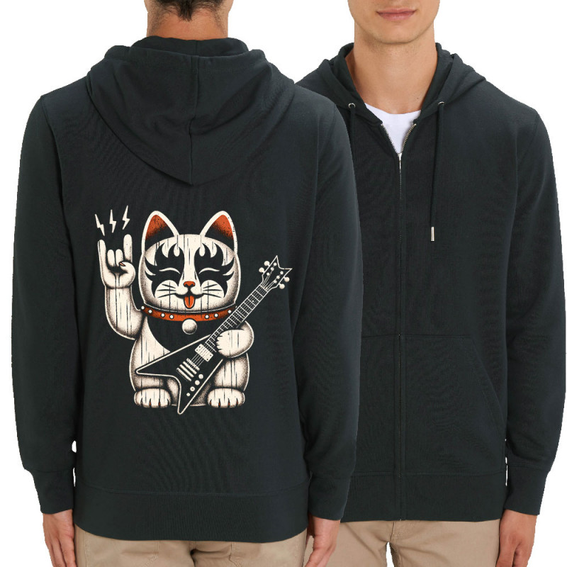 Sweat homme zippé à capuche coton bio noir Manekiss Neko (Ted Boundy,Animaux,Chats,Rock & Punk)