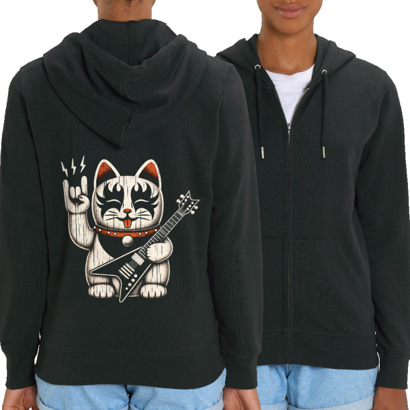 Sweat femme zippé à capuche coton bio noir Manekiss Neko (Ted Boundy,Animaux,Chats,Rock & Punk)