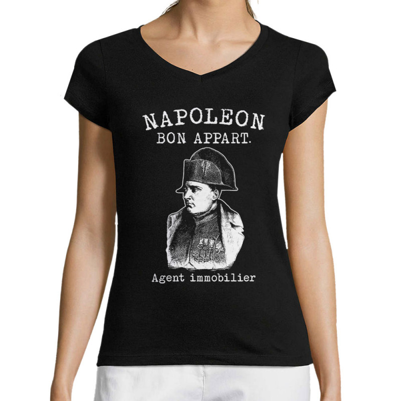 T-shirt femme col V noir Napoléon Bon appart Agent immobilier (Gondrax,Humour)