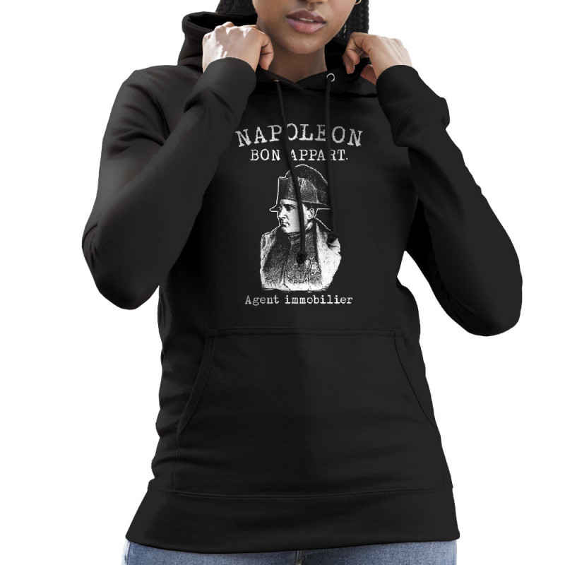 Sweat femme à capuche noir Napoléon Bon appart Agent immobilier (Gondrax,Humour)
