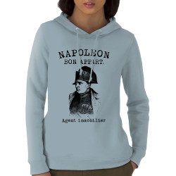 Sweat femme à capuche coton bio bleu ciel Napoléon Bon appart Agent immobilier (Gondrax,Humour)
