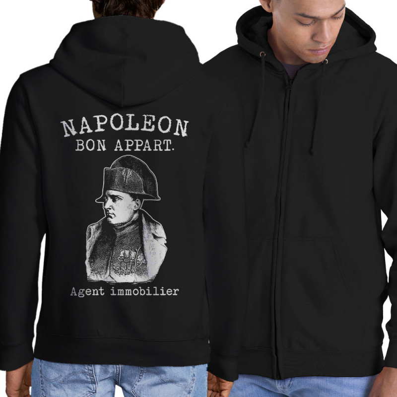 Sweat homme à capuche zippé noir Napoléon Bon appart Agent immobilier (Gondrax,Humour)