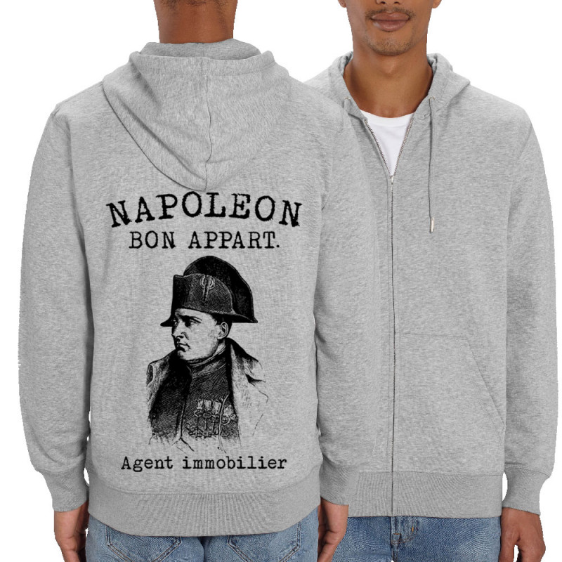 Sweat homme zippé à capuche coton bio gris chiné Napoléon Bon appart Agent immobilier (Gondrax,Humour)