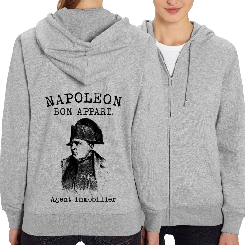 Sweat femme zippé à capuche coton bio gris chiné Napoléon Bon appart Agent immobilier (Gondrax,Humour)