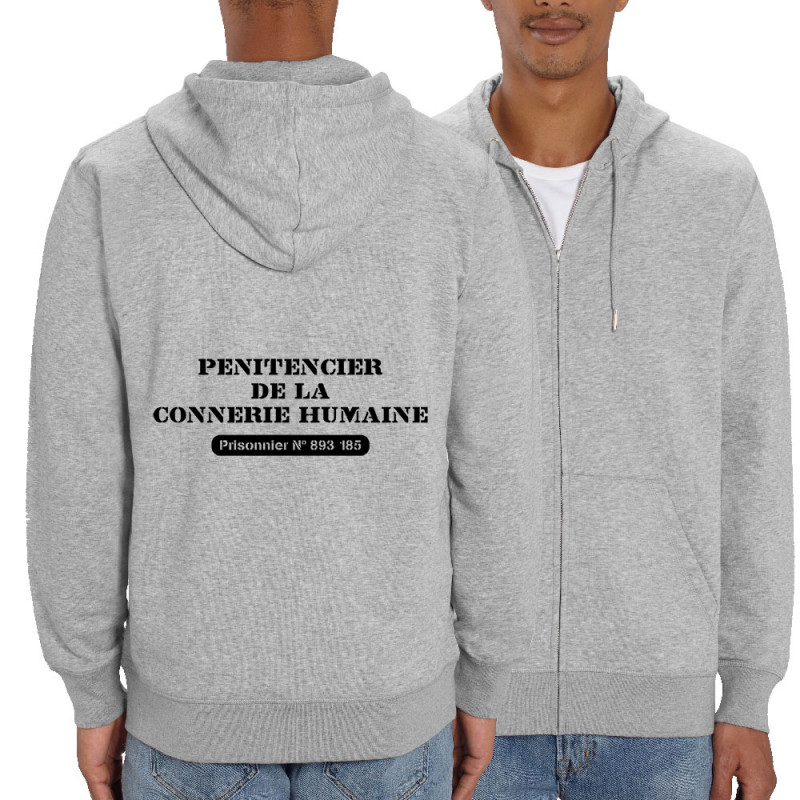Sweat homme zippé à capuche coton bio gris chiné Pénitencier de la connerie humaine Prisonnier (Gondrax,Slogans engagés)