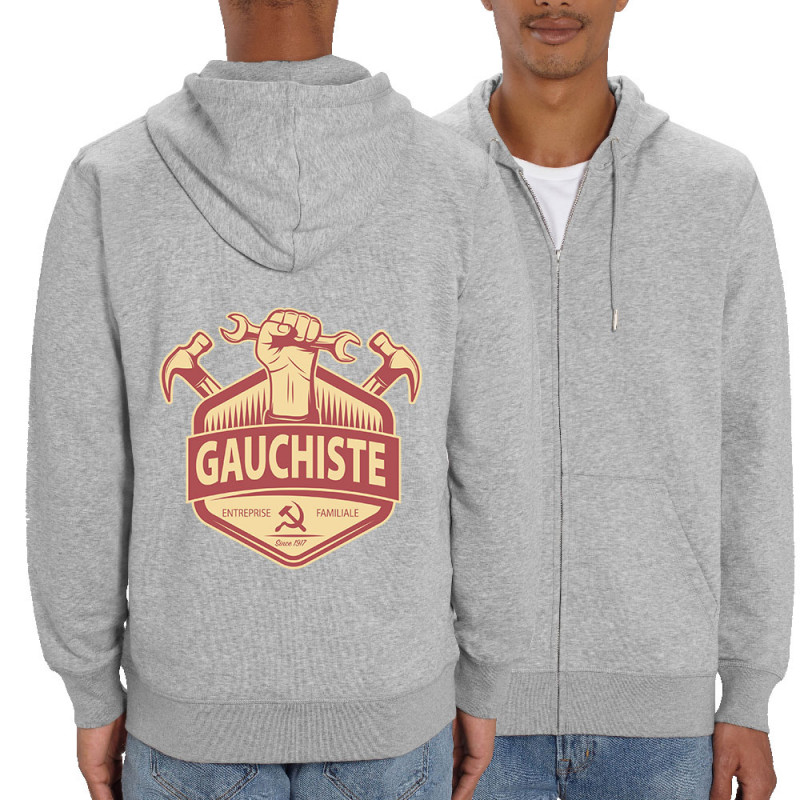 Sweat homme zippé à capuche coton bio gris chiné Gauchiste entreprise familiale (Andy,Slogans Débiles)