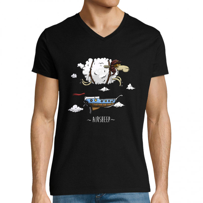 T-shirt homme col V noir Airsheep (Mr Mouton,Animaux)