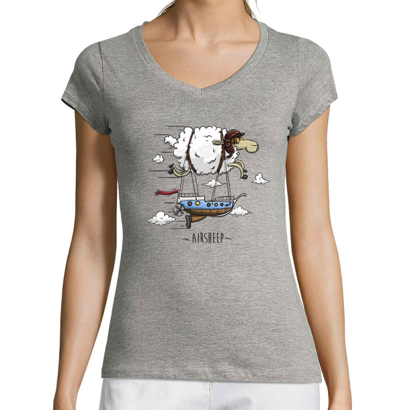 T-shirt femme col V gris chiné Airsheep (Mr Mouton,Animaux)