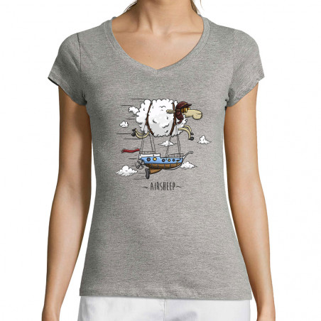 T-shirt femme col V gris chiné Airsheep (Mr Mouton,Animaux)