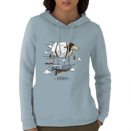 Sweat femme à capuche coton bio bleu ciel Airsheep (Mr Mouton,Animaux)