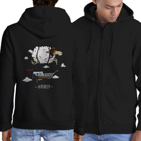 Sweat homme à capuche zippé noir Airsheep (Mr Mouton,Animaux)