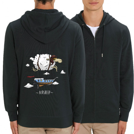 Sweat homme zippé à capuche coton bio noir Airsheep (Mr Mouton,Animaux)