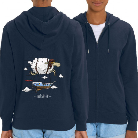 Sweat femme zippé à capuche coton bio bleu marine Airsheep (Mr Mouton,Animaux)