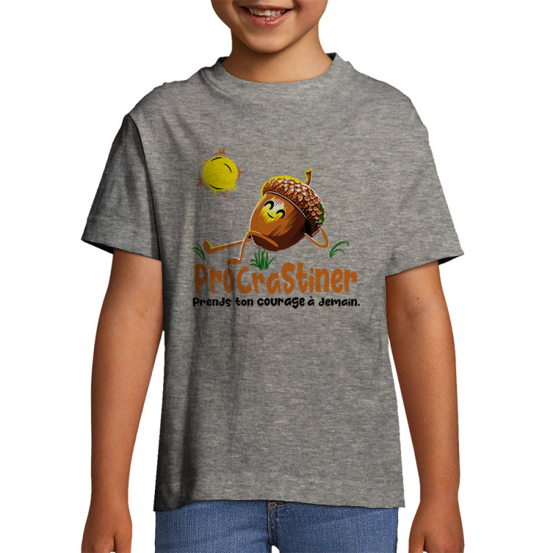 T-shirt enfant gris chiné Procrastiner (Zewa,Humour)