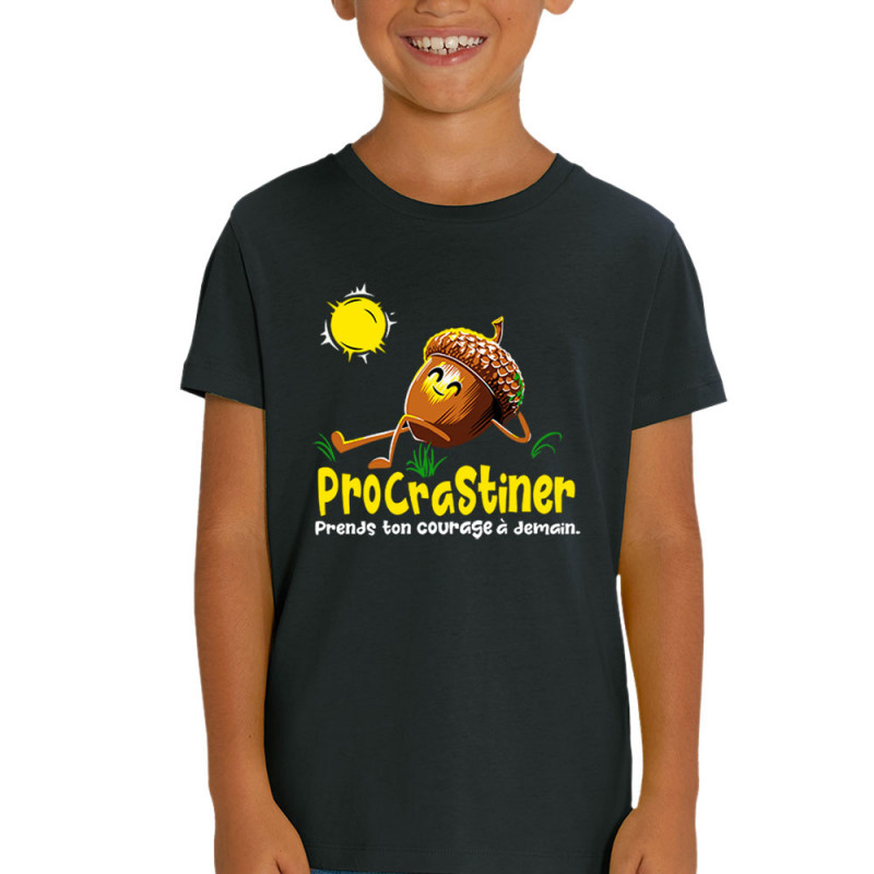 T-shirt enfant coton bio noir Procrastiner (Zewa,Humour)