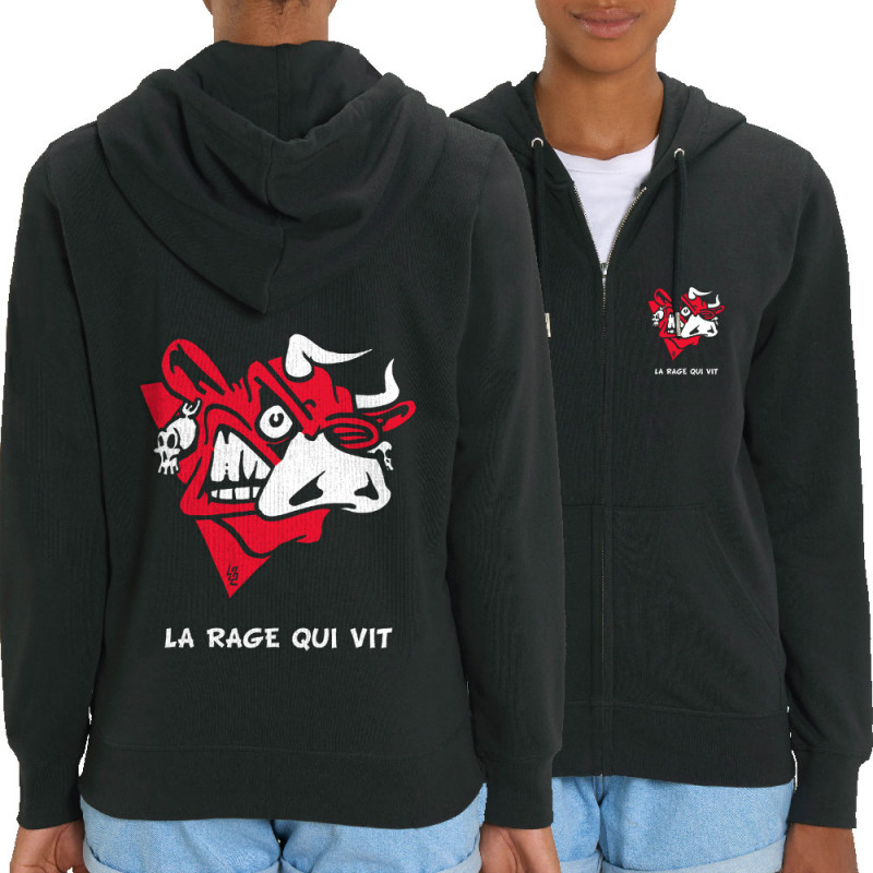 Sweat femme zippé à capuche coton bio noir La rage qui vit (Laul,Animaux)