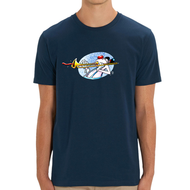 T-shirt homme coton bio bleu marine Trombone (Laul,Humour)