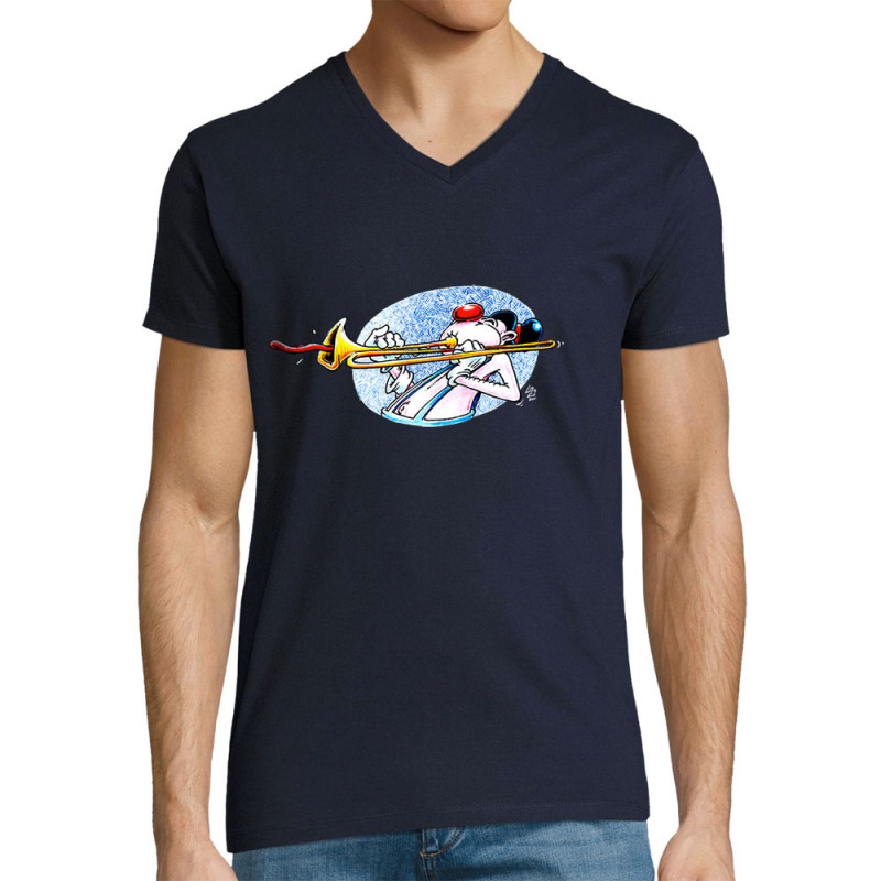 T-shirt homme col V bleu marine Trombone (Laul,Humour)