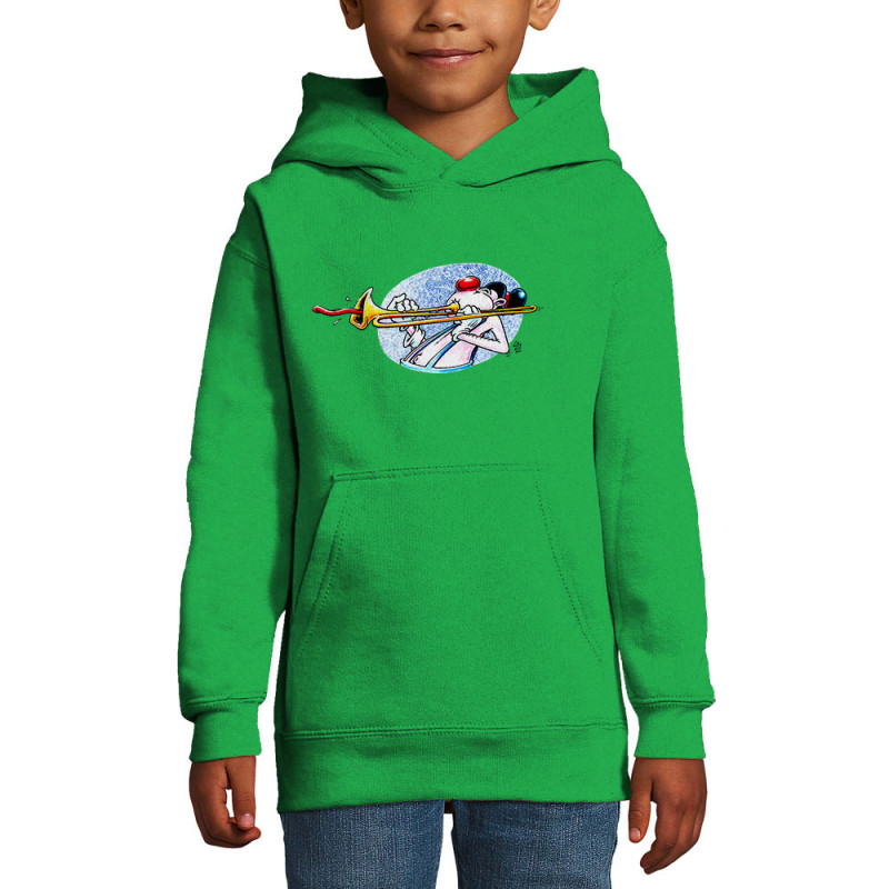 Sweat enfant à capuche vert prairie Trombone (Laul,Humour)