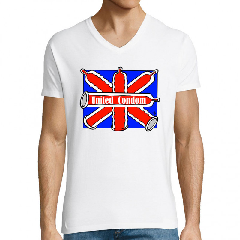 T-shirt homme col V blanc United Condom (Laul,Humour)