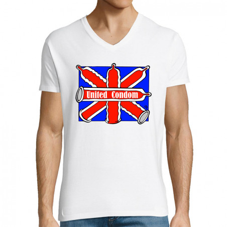 T-shirt homme col V blanc United Condom (Laul,Humour)