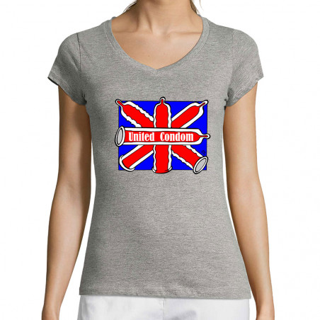 T-shirt femme col V gris chiné United Condom (Laul,Humour)