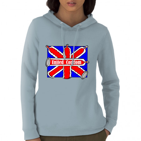 Sweat femme à capuche coton bio bleu ciel United Condom (Laul,Humour)