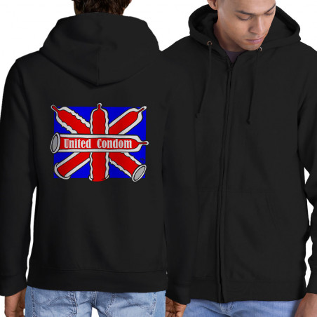 Sweat homme à capuche zippé noir United Condom (Laul,Humour)