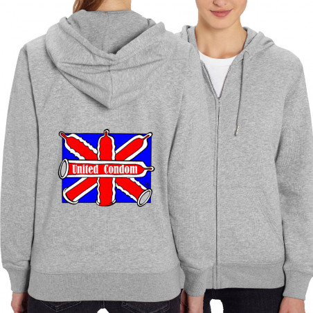 Sweat femme zippé à capuche coton bio gris chiné United Condom (Laul,Humour)