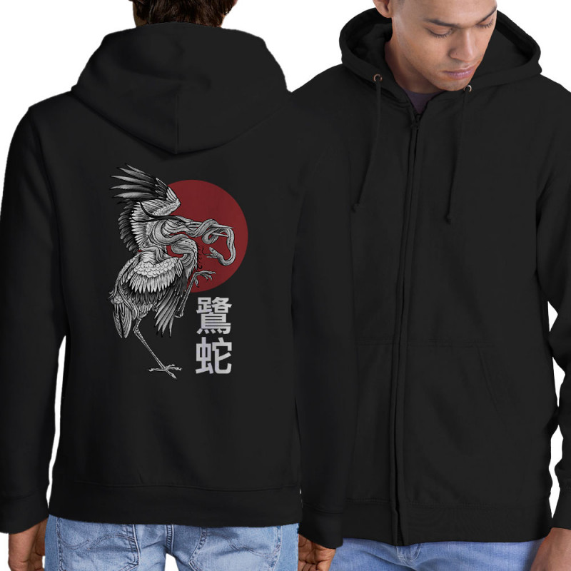Sweat homme à capuche zippé noir Le héron et le serpent (Mr Mouton,Animaux)