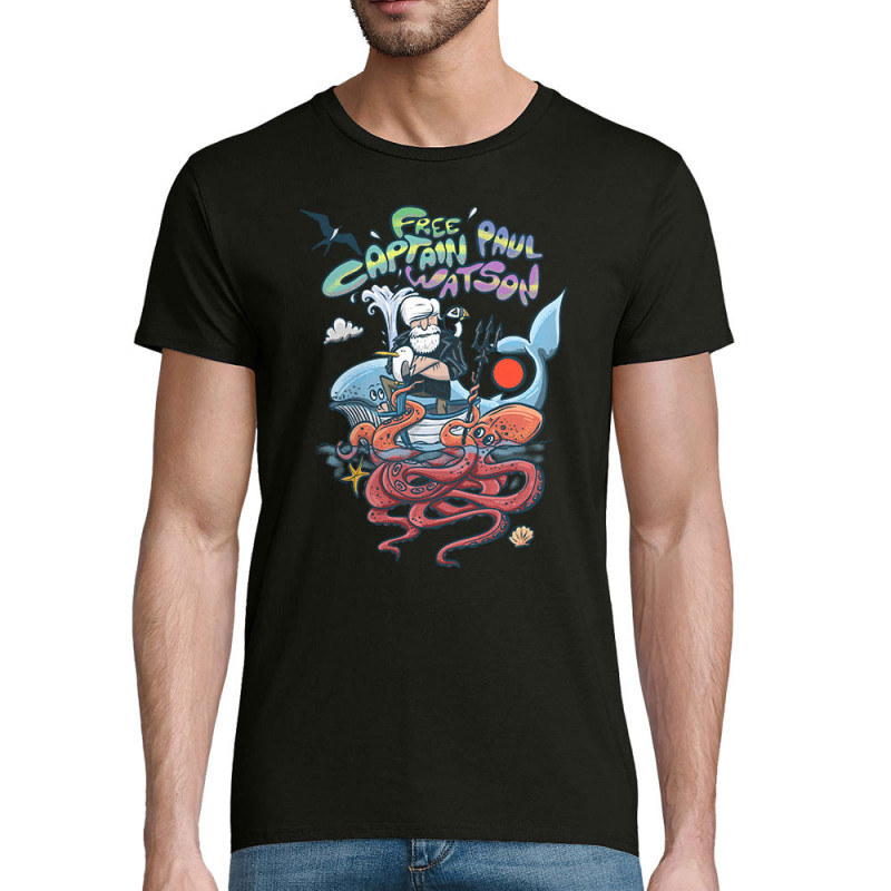 T-shirt homme coton bio noir Free Captain Paul Watson (Mr Mouton,Animaux,Slogans engagés)