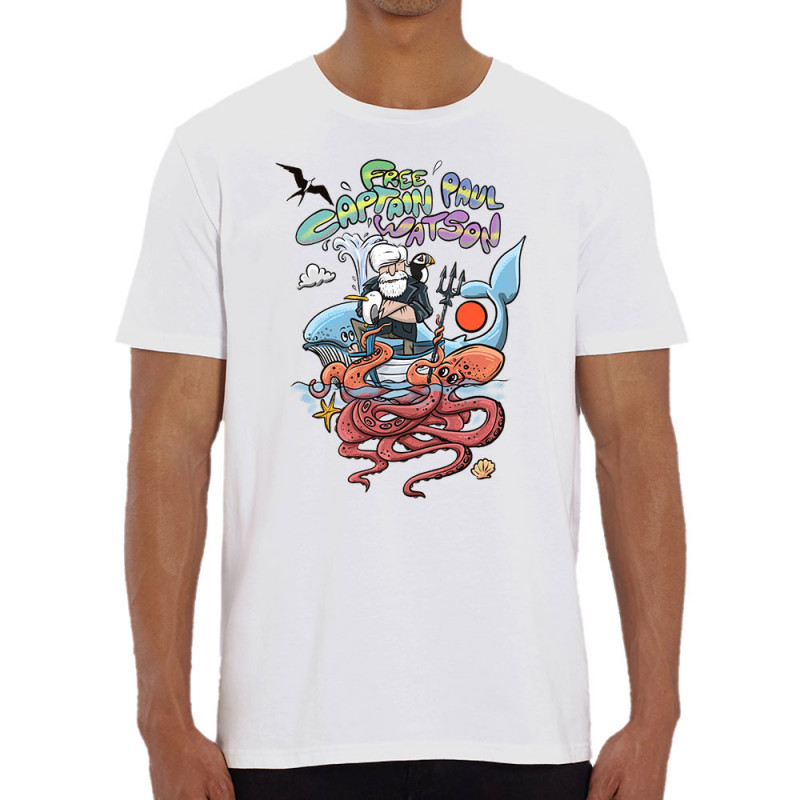 T-shirt homme coton bio blanc Free Captain Paul Watson (Mr Mouton,Animaux,Slogans engagés)