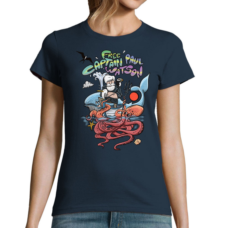 T-shirt femme bleu marine Free Captain Paul Watson (Mr Mouton,Animaux,Slogans engagés)