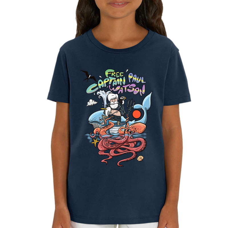 T-shirt enfant coton bio bleu marine Free Captain Paul Watson (Mr Mouton,Animaux,Slogans engagés)