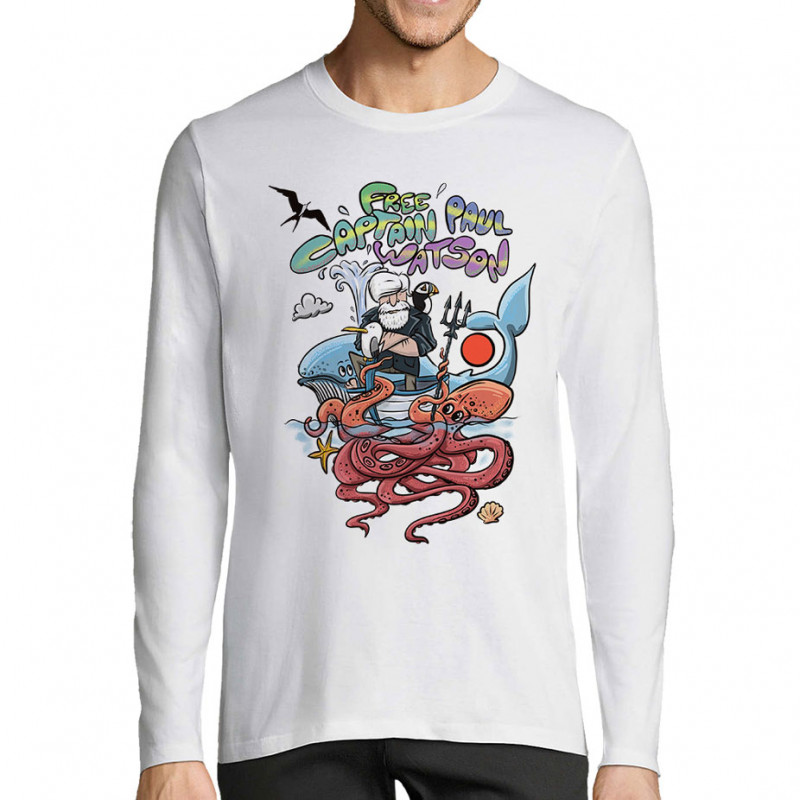 T-shirt homme manches longues blanc Free Captain Paul Watson (Mr Mouton,Animaux,Slogans engagés)