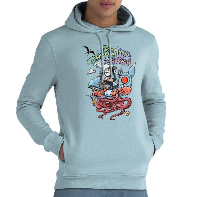Sweat homme à capuche coton bio bleu ciel Free Captain Paul Watson (Mr Mouton,Animaux,Slogans engagés)