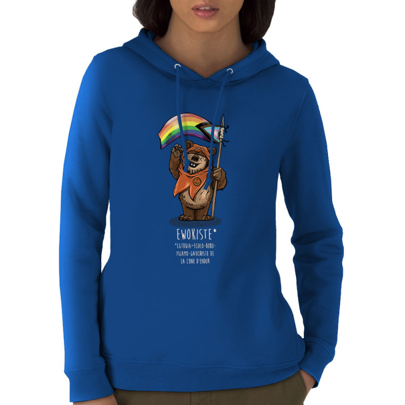 Sweat femme à capuche coton bio bleu royal Ewokiste (Mr Mouton,Animaux,Humour,Star Wars)