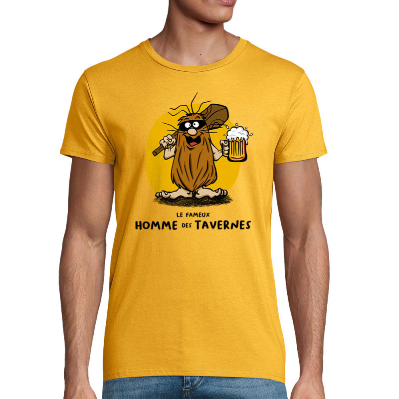 T-shirt homme coton bio jaune Le fameux homme des tavernes (Gondrax,Alcool,Humour)