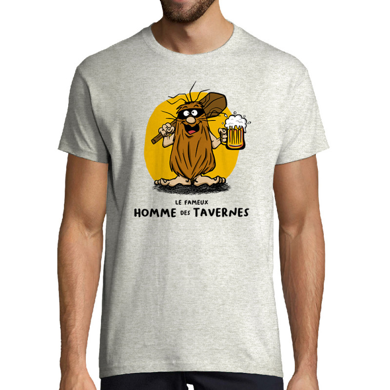 Tee-shirt homme blanc chiné Le fameux homme des tavernes (Gondrax,Alcool,Humour)