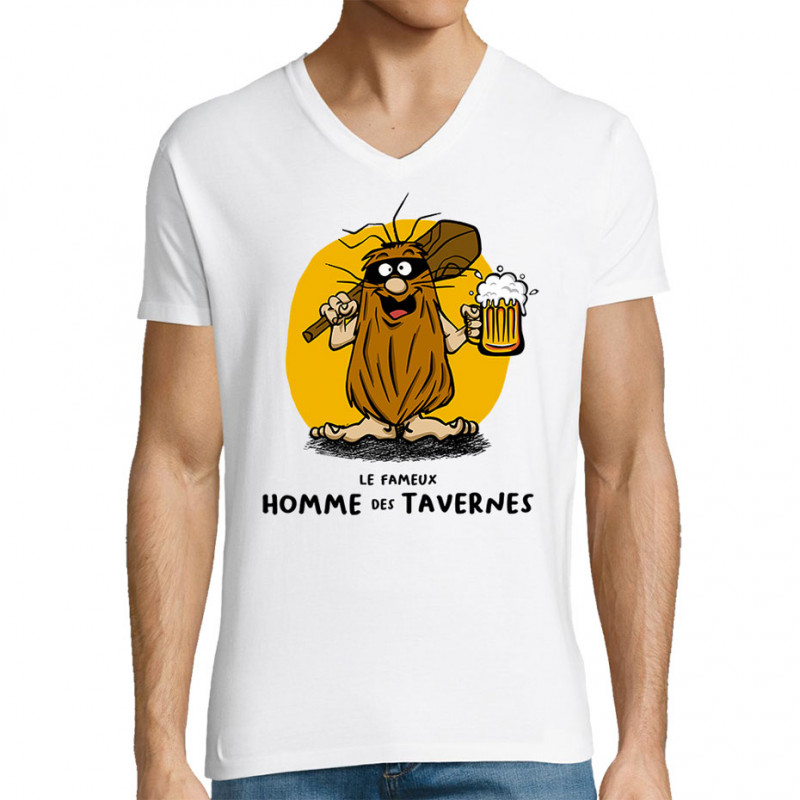 T-shirt homme col V blanc Le fameux homme des tavernes (Gondrax,Alcool,Humour)