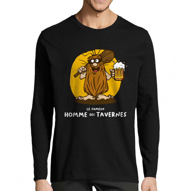 T-shirt homme manches longues noir Le fameux homme des tavernes (Gondrax,Alcool,Humour)