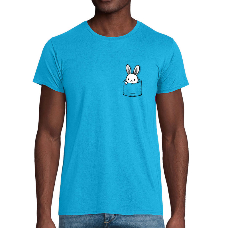 T-shirt homme coton bio bleu azur un lapin dans la poche (Gondrax,Animaux)