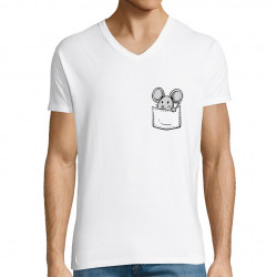 T-shirt homme col V blanc Une souris dans la poche (Gondrax,Animaux)