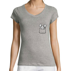 T-shirt femme col V gris chiné Une souris dans la poche (Gondrax,Animaux)