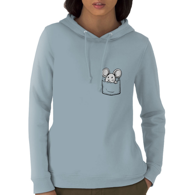 Sweat femme à capuche coton bio bleu ciel Une souris dans la poche (Gondrax,Animaux)