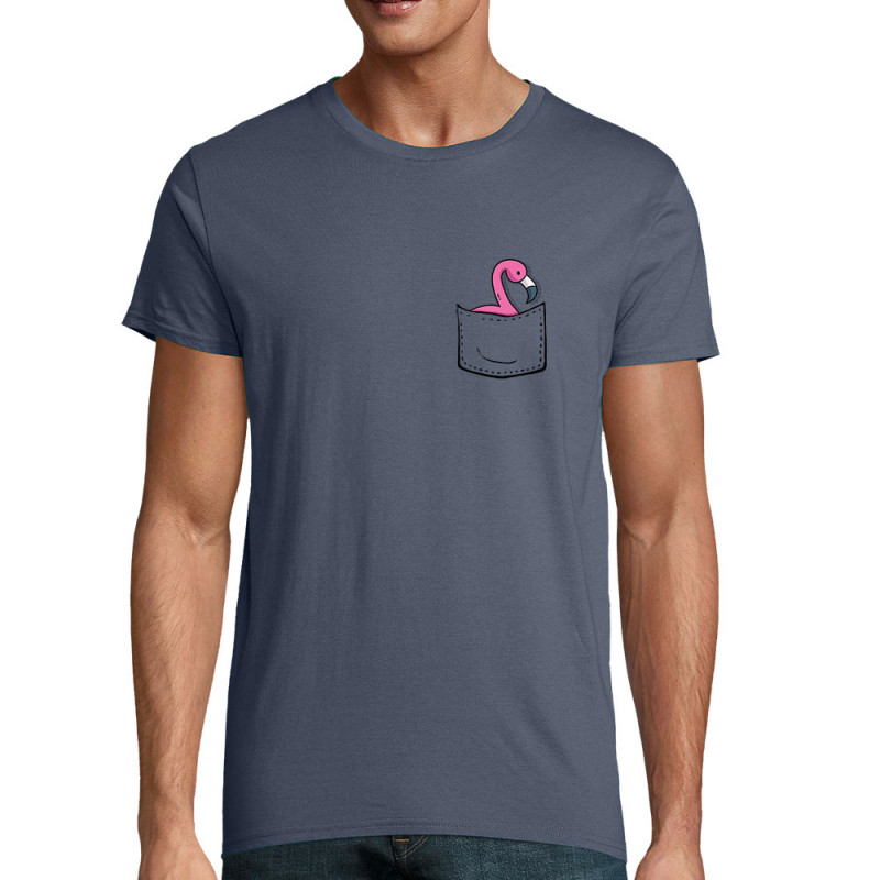 T-shirt homme coton bio bleu denim Un flamand rose dans la poche (Gondrax,Animaux)
