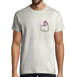 Tee-shirt homme blanc chiné Un flamand rose dans la poche (Gondrax,Animaux)