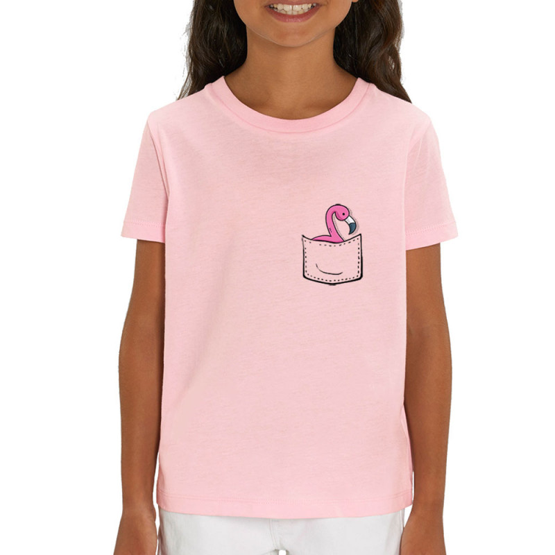 T-shirt enfant coton bio rose clair Un flamand rose dans la poche (Gondrax,Animaux)